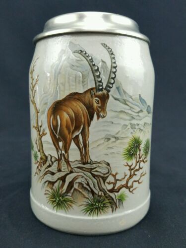 Rein Zinn DRM Germany Pewter Lid Vtg Beer Stein Hunting Scene Ibex Design