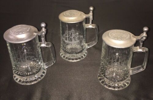 VTG LOT OLD SPICE ETCHED GLASS STEINS Salem Ship Grand Turk COMPASS STYLE