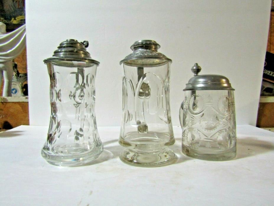 3 Fancy Glass Lidded 1/2L Beer Steins 1 Is Etched