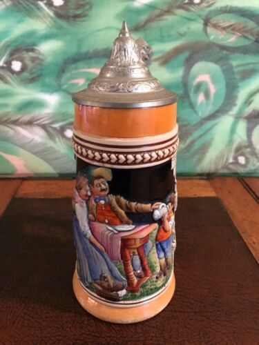 German Beer Stein - Mother, Father And Child Drinking Beer