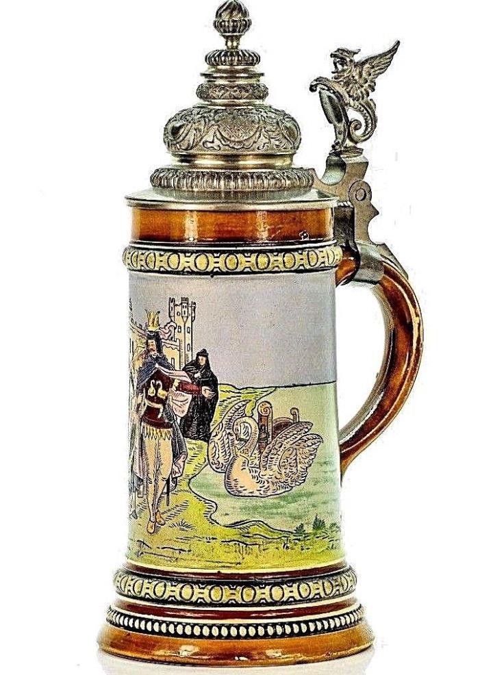 H.R Hauber&Reuther # 417 Beer Stein Lohengrin Pewter Lid Stoneware Etched 0.5 L
