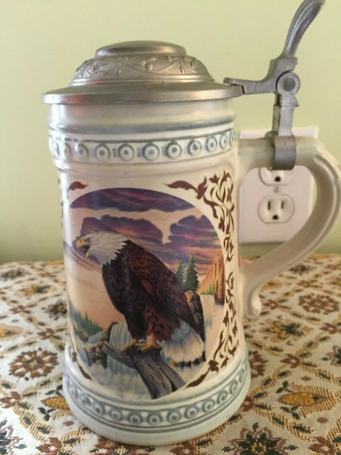 GERMAN PEWTER LIDDED STEIN WITH EAGLES