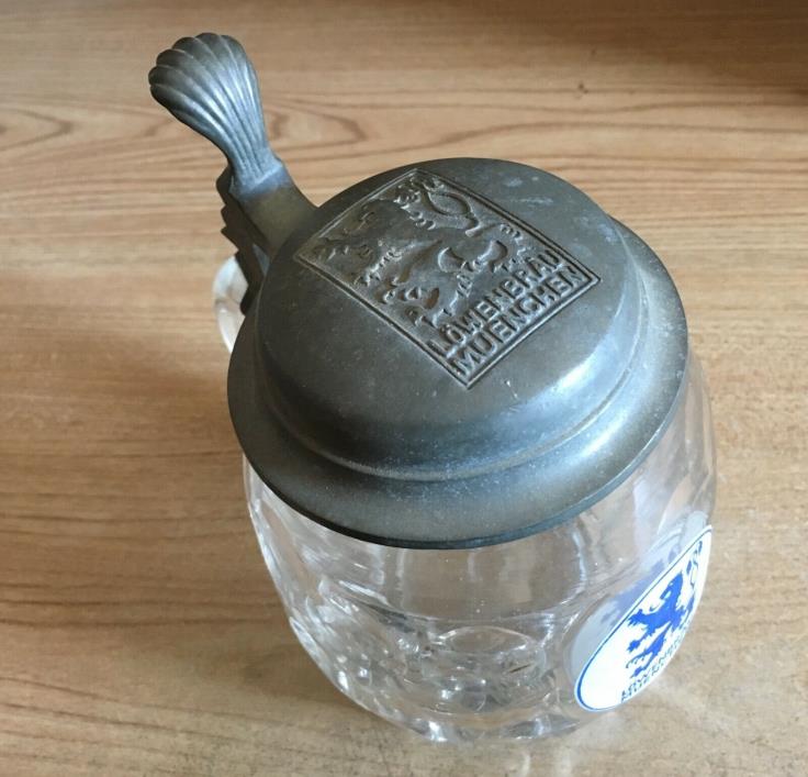 Vintage Lowenbrau Muenchen Glass Beer Stein w/ Metal Lid - Made in Germany