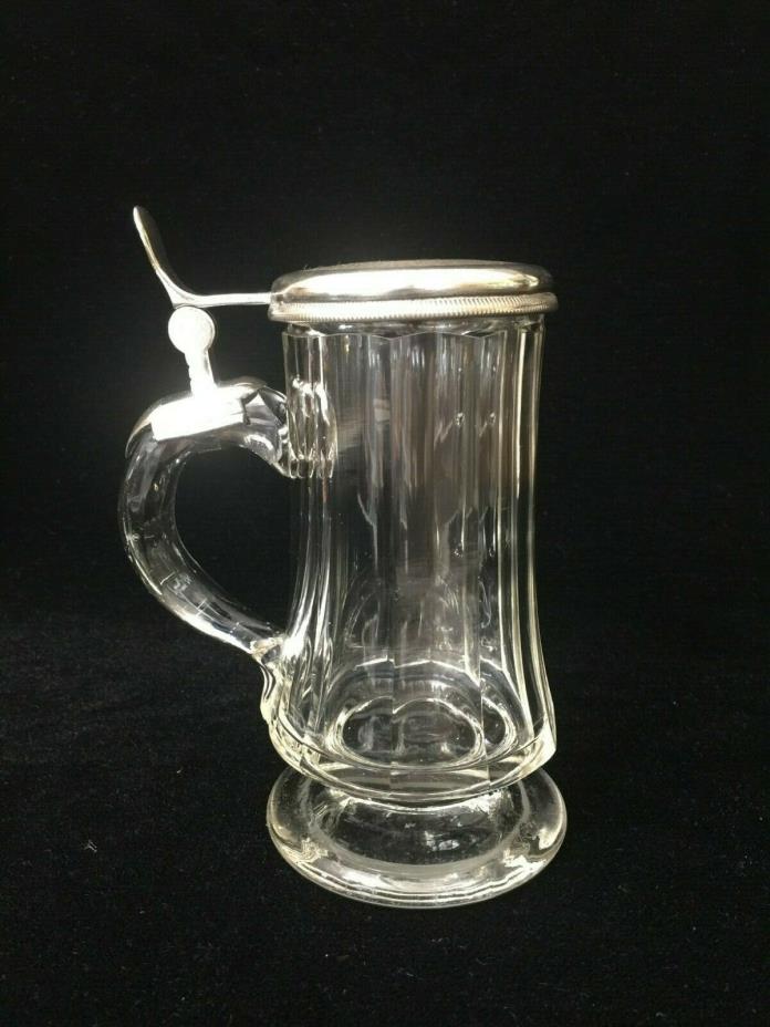 Antique 1892 German Glass Beer Stein Mug Tankard w/Silverplate Lid, Monogram
