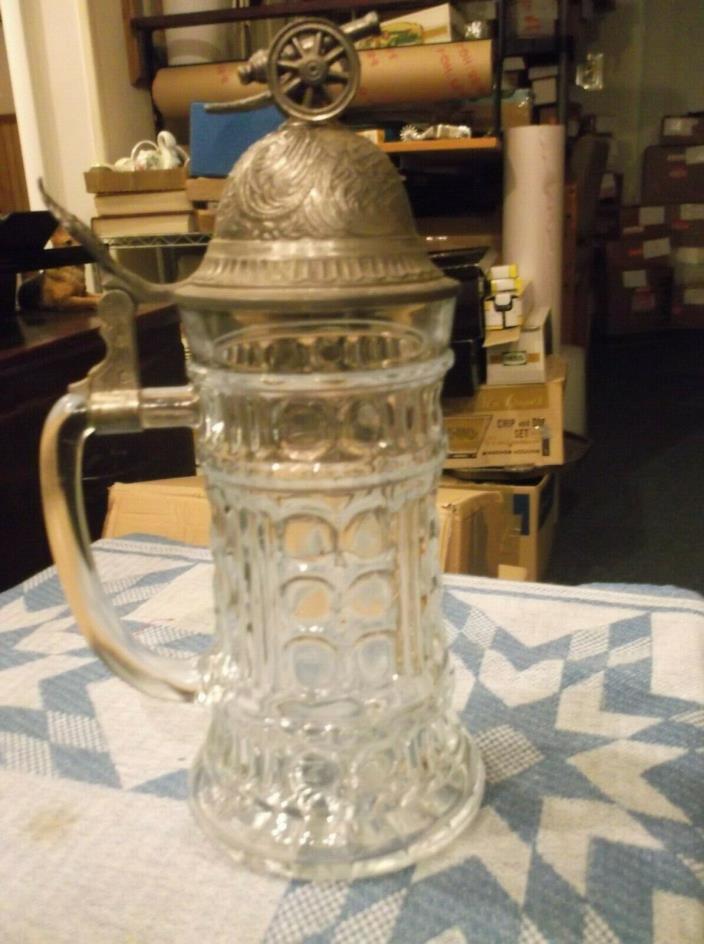 BMF Vintage Lidded Clear glass Beer Stein with a Cannon on the top of the lid
