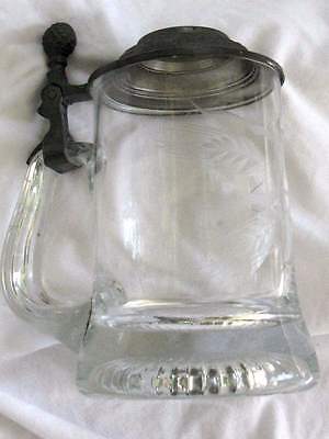 PEWTER & GLASS Beer Stein Vintage Hand Ground Collectible Antique Offers Welcome