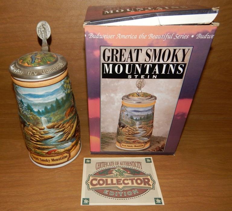 ANHEUSER-BUSCH BUDWEISER BEER STEIN: 1997 GREAT SMOKY MOUNTAINS w/ BOX & COA