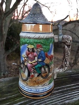 ANTIQUE Lidded German STEIN Greyhound Beagle RABBIT HUNT Bicycle Built for Two