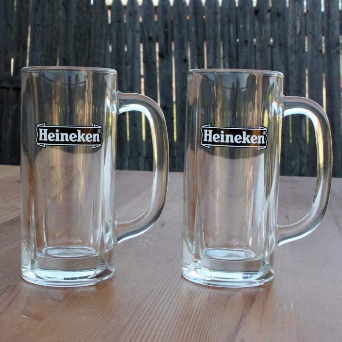 2 Vintage HEINEKEN Mugs Glass Stein Beer Ale Set Pair Lot