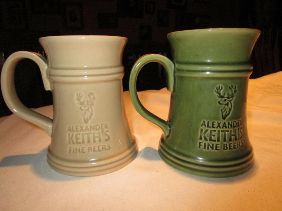 2 Alexander Keith's Fine Beers heavy mug. Cream, moss green beer mug/ stein   5