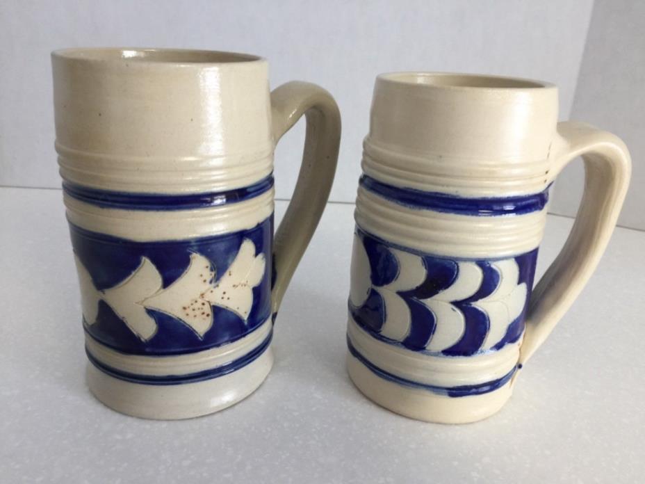 Stoneware Beer Mugs w Cobalt Blue stenciling - Set of 2 - Unmarked