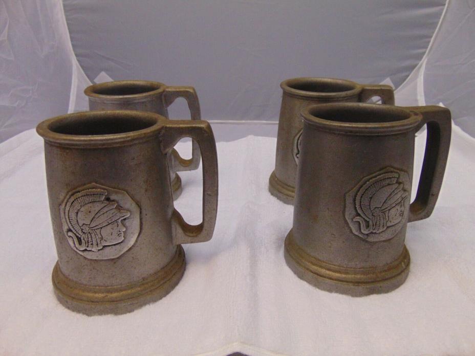 (4) vintage Pewter Tankard Mugs Spartan Head Design holds 16 Oz w/ handle