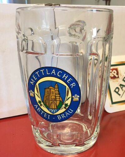 Mettlacher Abtei Brau 1997 Glass Beer Mug Germany with Two Park Beer Coaster