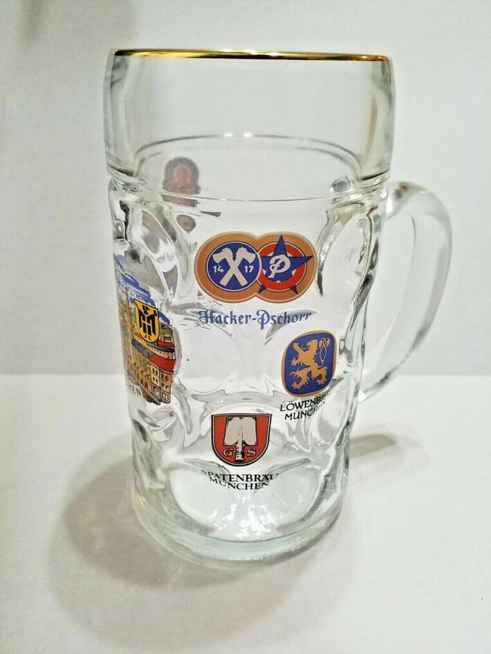Munchen German Austria Large Dimpled Glass Beer Mug Stein 1 Liter Oktoberfest