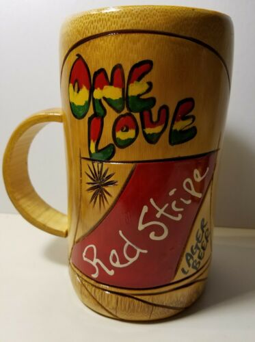 One Love Red Stripe Beer Bamboo Mug Hand Carved Jamaica Island Souvenir