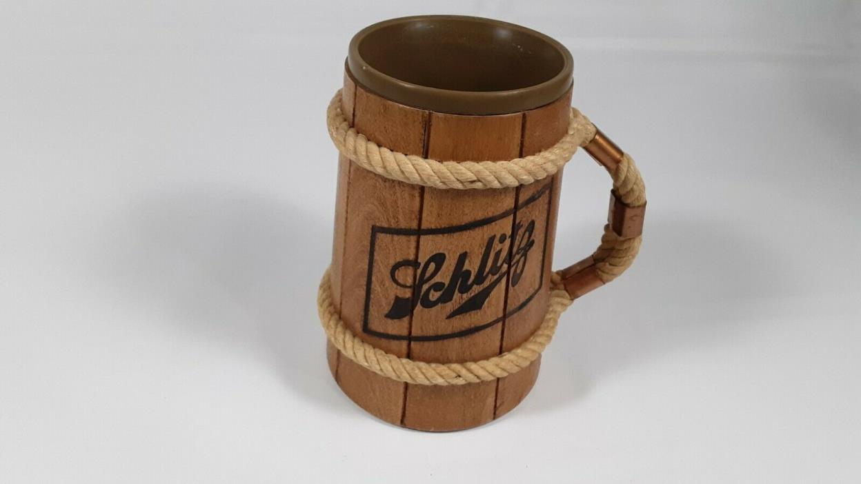 Vintage 70's Schlitz Wood & Rope Mug with removable plastic cup insert