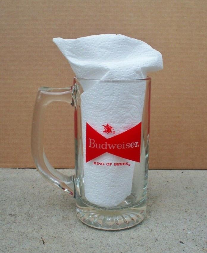 1 BUDWEISER BEER MUG KING OF BEER CLEAR 12 OZ. GLASS WITH RED GRAPHICS
