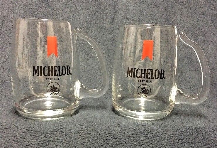 Michelob Beer Stein Mug Drinking Glass Unique Open Handle, Libbey, Set of 2 16oz