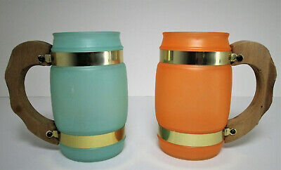 2 Siesta Ware Frosted Glass Beer Mugs Wood Handles Barrel Shape Vtg Orange Green