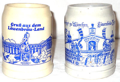 Pair of LowenBrau Munchen Heavy Stoneware German Stein 0.5 Liters Otoberfest