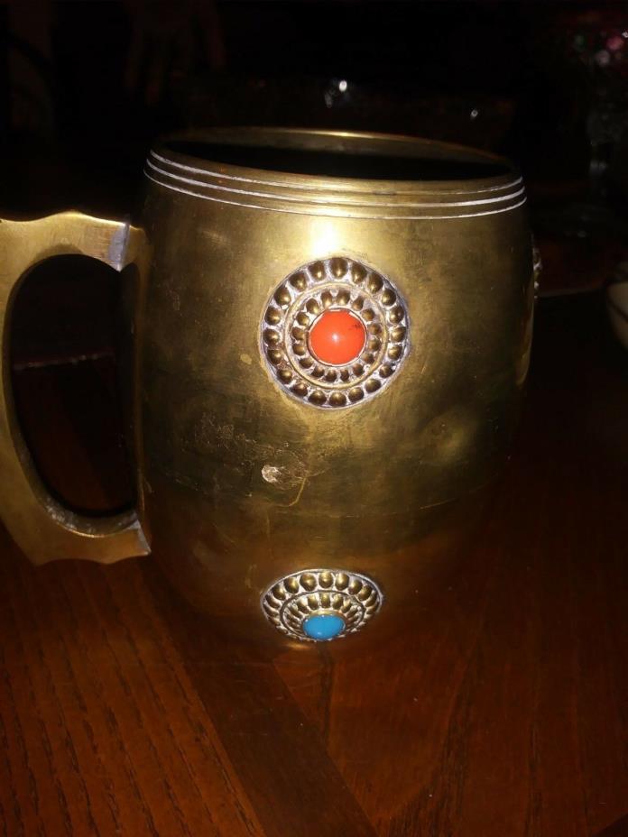 Heavy Stone Decorated Brass Beer Mug with Handle