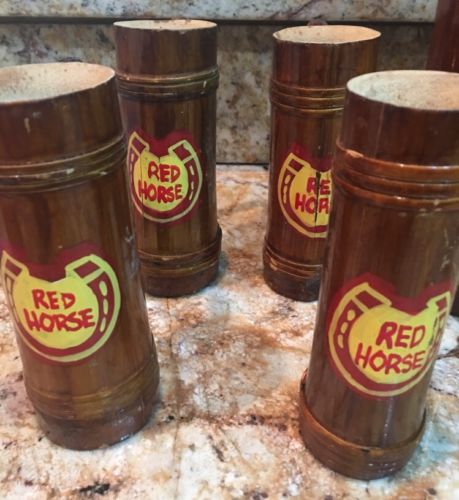 1970s - 1980s RED HORSE WOODEN MUG, PHILIPPINES, VINTAGE 6 Pieces