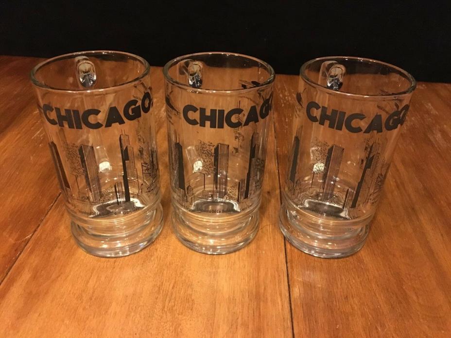 3 Vintage Chicago Landmark Glass Beer Mugs