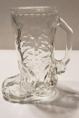Vintage Clear Glass Cowboy Boot Fancy Design Beer Mug w / Handle #1278