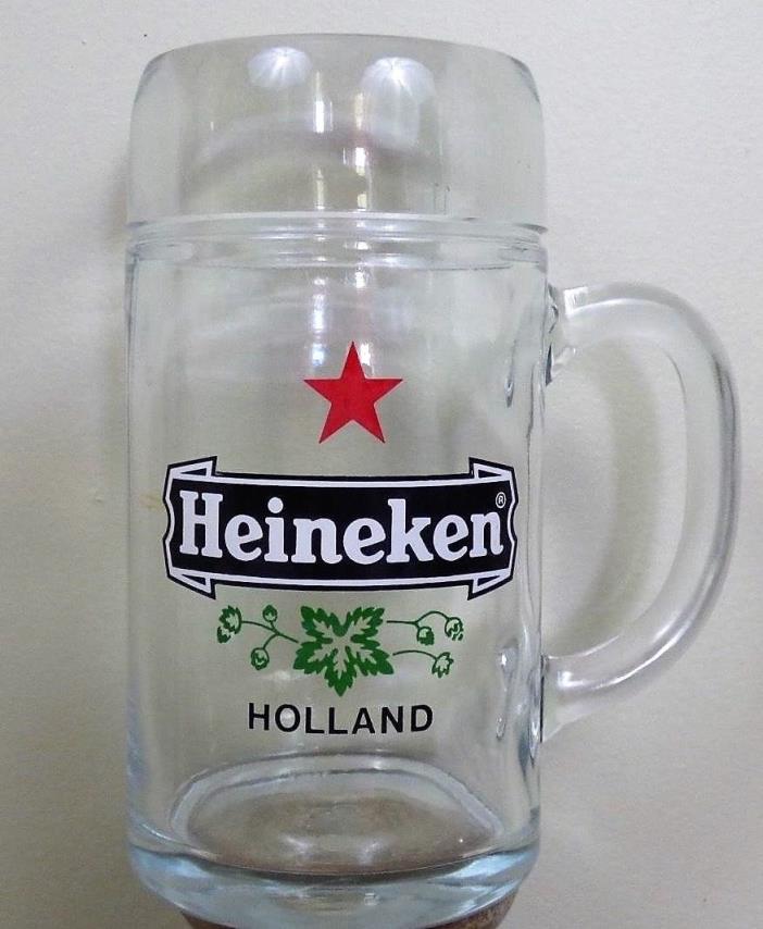LARGE HEINEKEN HOLLAND GLASS MUG BEER STEIN  1 liter HEAVY GLASS  8 inches tall