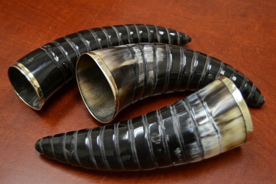 3 PCS SWIRL BLACK BUFFALO HORN GAME OF THRONE MEDIEVAL DRINKING CUP 8