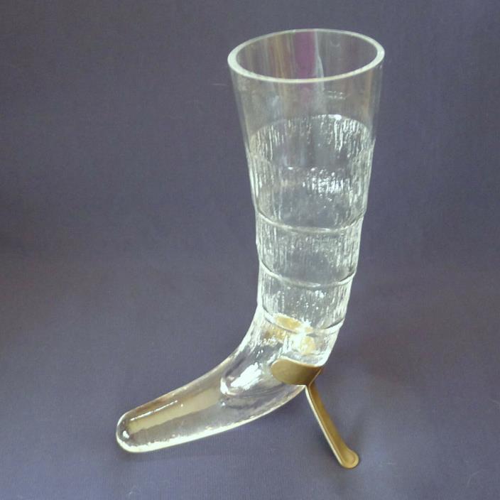 Tall Vintage Glass Valto Kokko Harold Drinking Horn w/Brass Stand