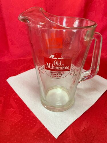 Vtg Old Milwaukee Beer Glass Pitcher Bar Pub Heavy Glass Barware Collectible