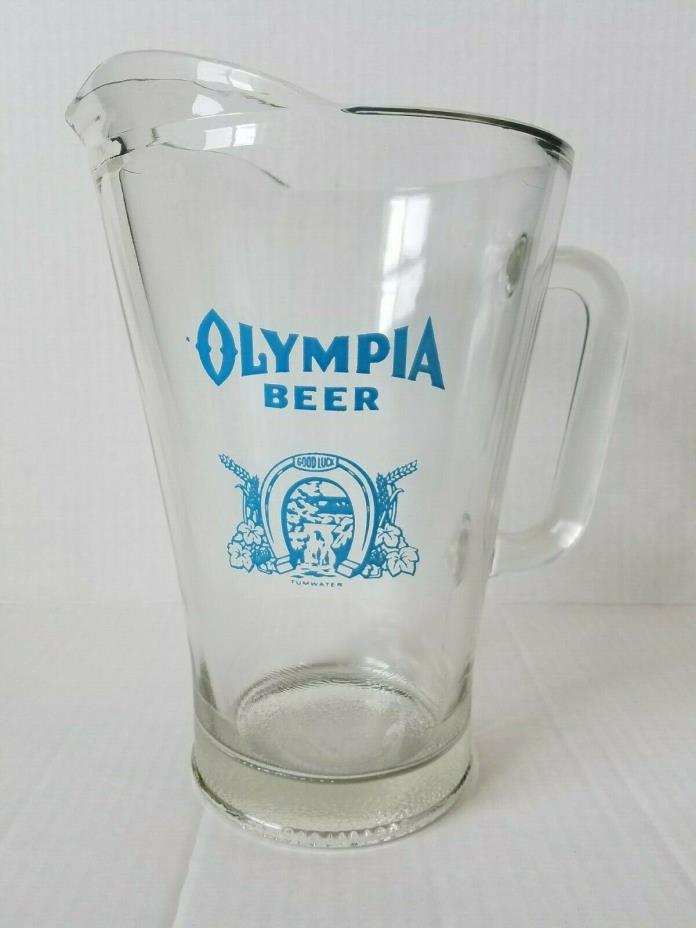 Olympia Beer Glass Pitcher Vintage Good Luck Tumwater Blue Graphic Man Cave Gift