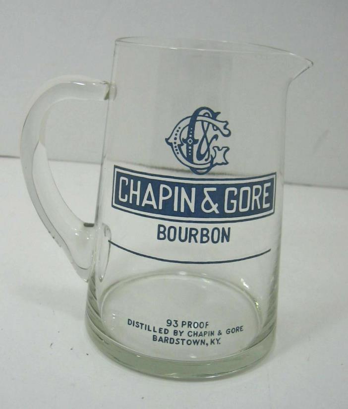 Chapin & Gore Bourbon Clear Glass Bar Pitcher Jug.  Measures 5 3/8