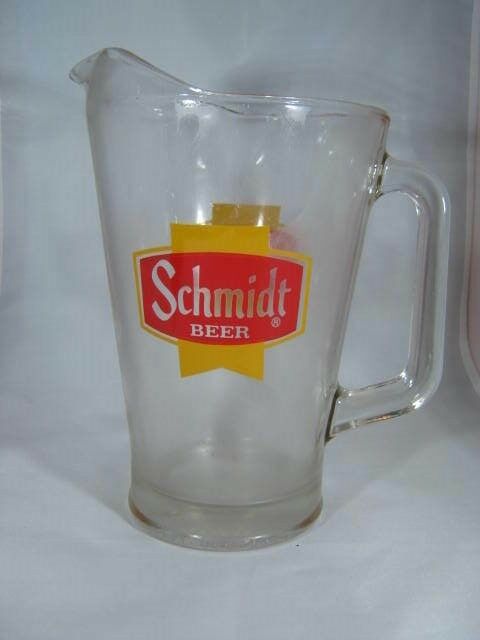 Vintage Schmidt Beer Pitcher Glass Gold Red Badge Logo Brewery Minnesota