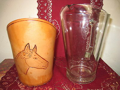 Western Style Glass Beer Pitcher Leather Sleeve Horse Head 64oz Bar Man Cave