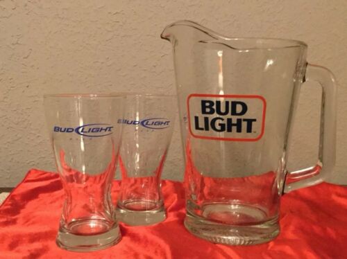 Bud Light Glass Beer Pitcher Vintage Old Logo & 2 Bud Light 12 Oz. Beer Glasses