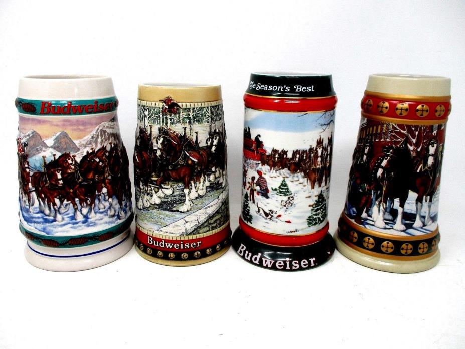 Lot of 4 Budweiser Christmas Collectible Steins 1988 1991 1993