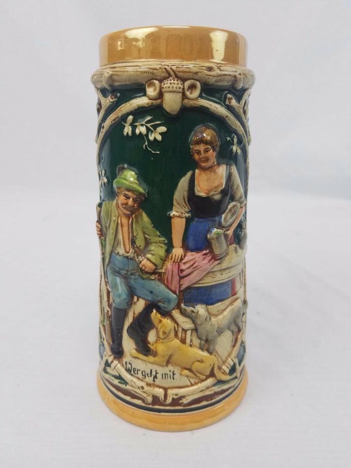 German Vtg Beer Stein Couple Drinking Pipe Smoking w/ Dogs Germany Slogan