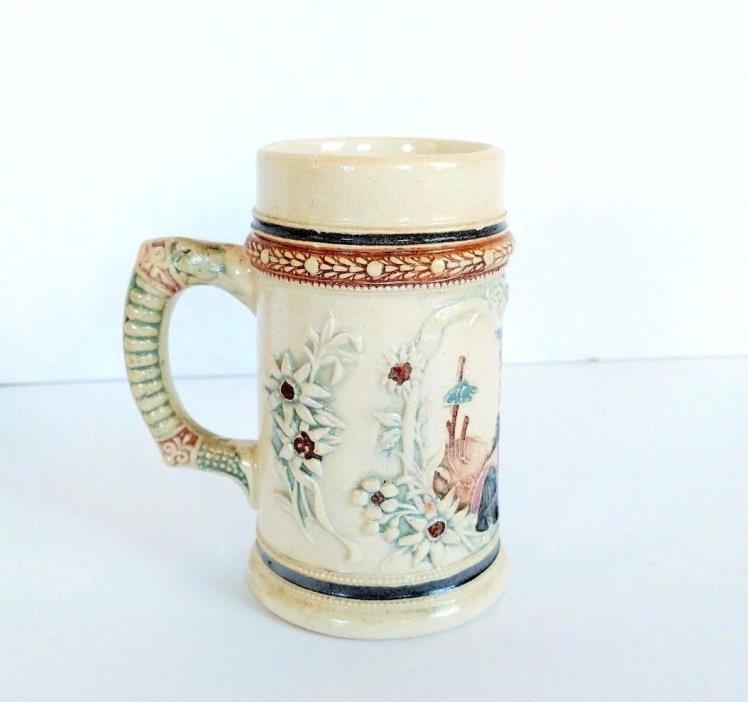 Vintage German Beer Mug Stein Raised Pattern of Soldiers and Castle Hand Painted