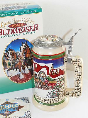 New NIP 1998 Artist Signed Budweiser Grants Farm Holiday Christmas Stein #08172