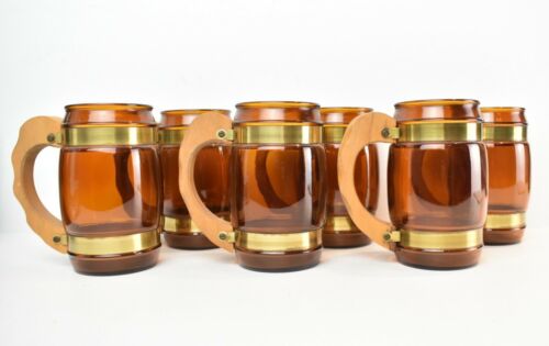 Set Of 6 Vintage Siesta Ware Barrel Mugs Brown Glass With Wooden Handles barware
