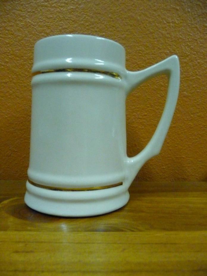 Off White Ceramic Beer Mug Stein With Hand Painted Gold Bands Holds 20 Ounces