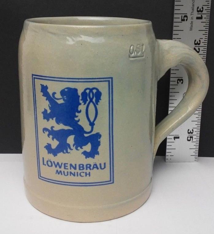 Vintage Lowenbrau Munich Stein Mug Cup Pottery Primative Glazed Tan .5L Germany