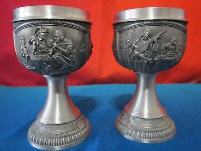 2 Pc SKS Zinn Pewter German Drinking Goblets Cups / 3D panels of Dutch Painters