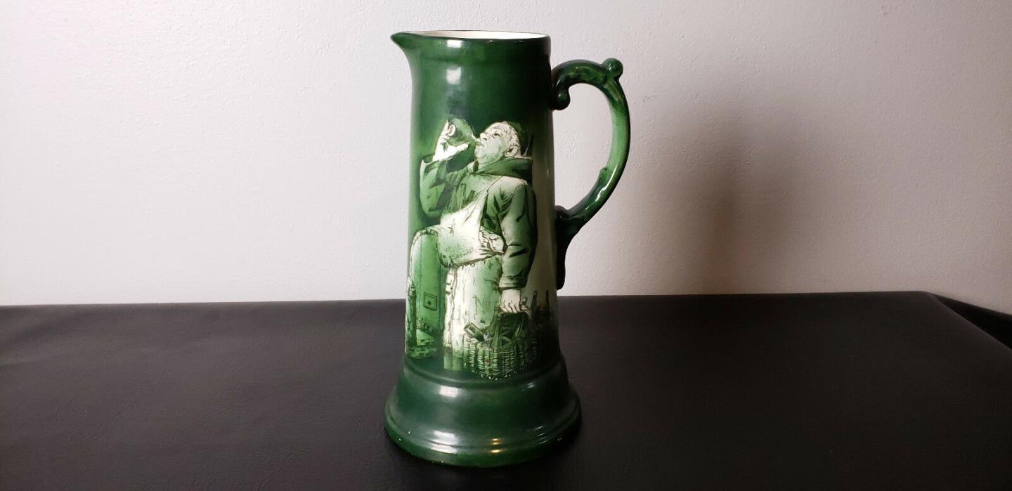 Vintage Porcelain Open Pitcher Beer Stein Green Painted Abbey Drunk Friar Monk