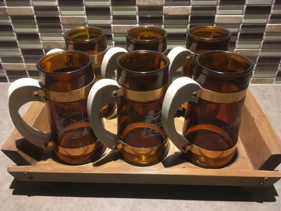 Vintage Amber Glass Beer Mugs Sports Decals Wood Handles  Set of 6 w Tray