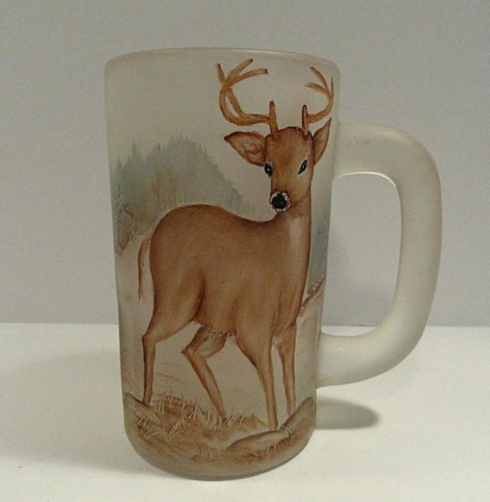 Hand Painted Glass Mug with Landscape and Deer Scene