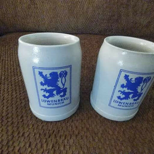 Set 2 LOWENBRAU MUNICH Stoneware Pottery Beer Stein Mug Cup Made in Germany