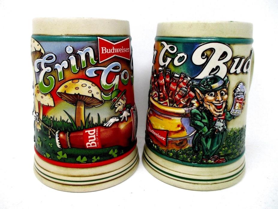 Set of 2 Budweiser St Patricks Day Erin Go Bud Beer Steins 1992-1993